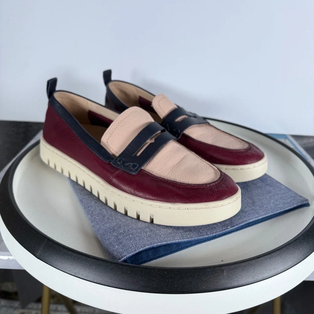 Vionic Uptown Loafer Womens 9.5 Burgundy Navy Blush Leather Slip On Orthopedic